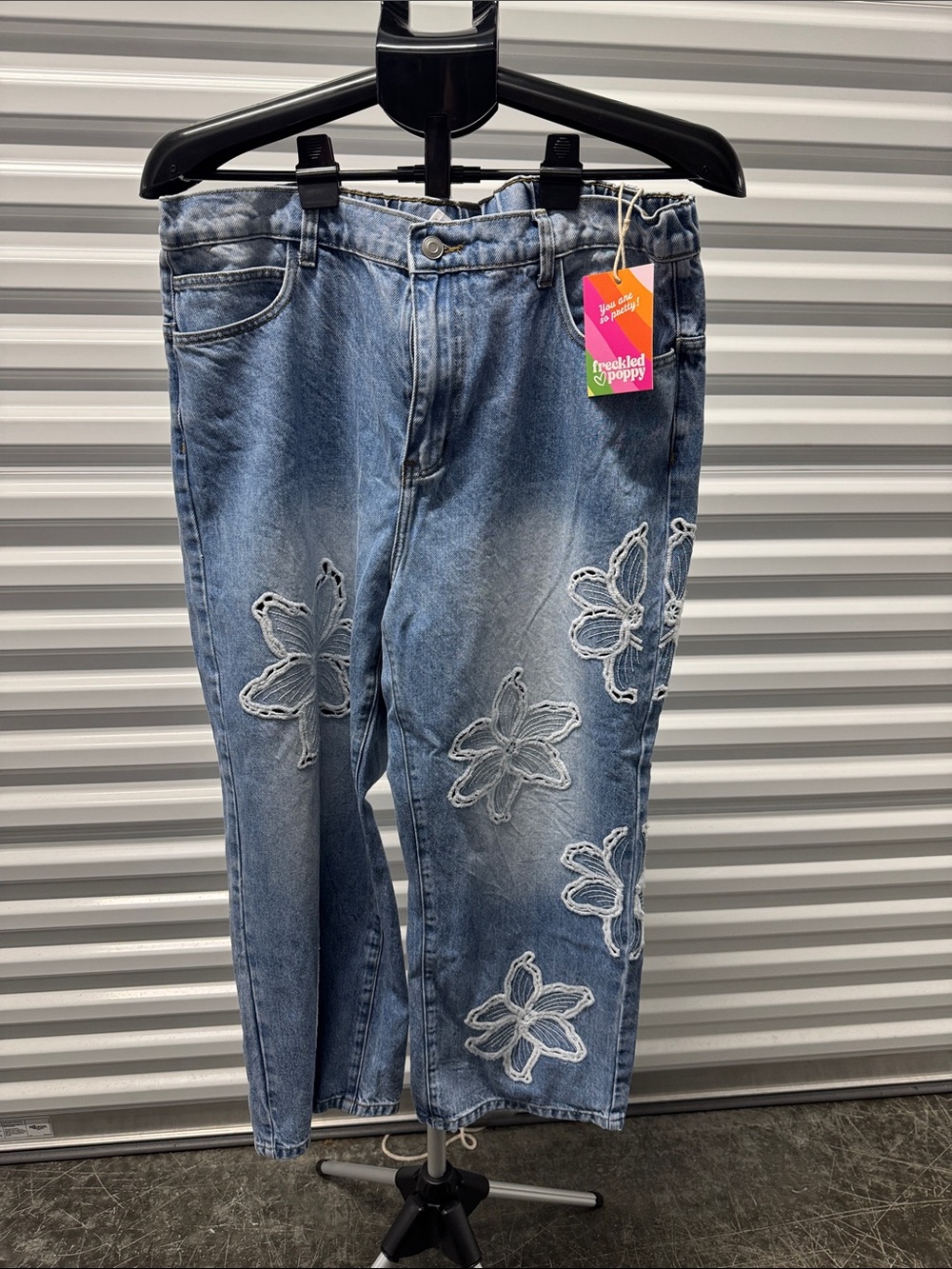 Freckled Poppy Women's Straight Leg Jeans - Light Blue with Floral Embroidery